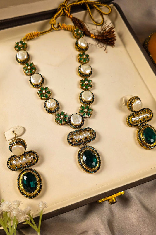 Dur e Shehwar MOP Choker Jewelry Set - Green & White