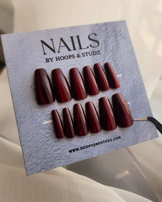 Cat Eye Reflective Long Almond Deep Red Press on Nails - N021