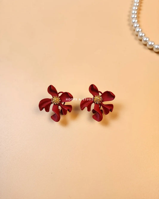 Hibiscus Flower Ear Studs -Deep Red