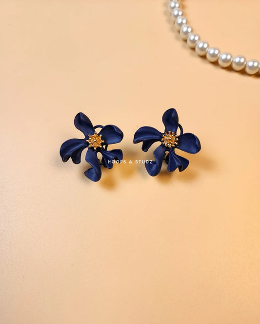 Hibiscus Flower Ear Studs -Navy