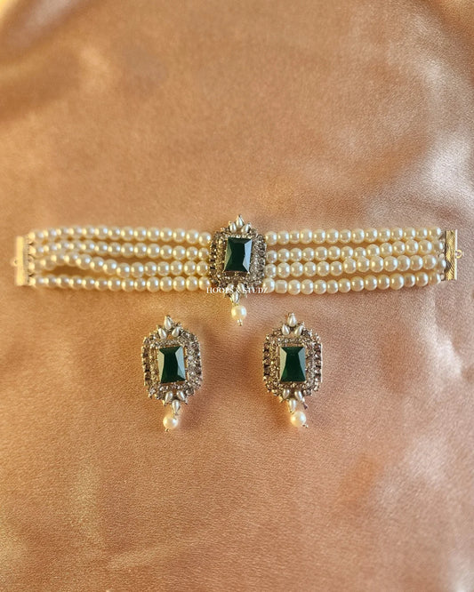 Palwasha Pearl Choker Jewelry Set - Green