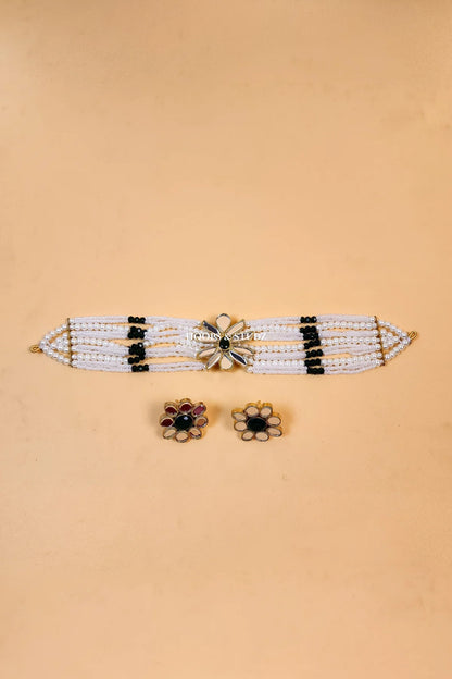 Phool Kundan Choker Jewelry Set- Green and White