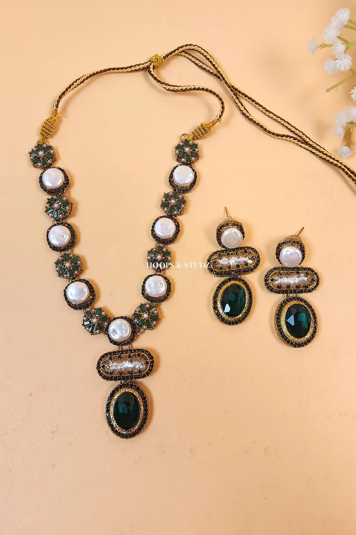 Dur e Shehwar MOP Choker Jewelry Set - Green & White