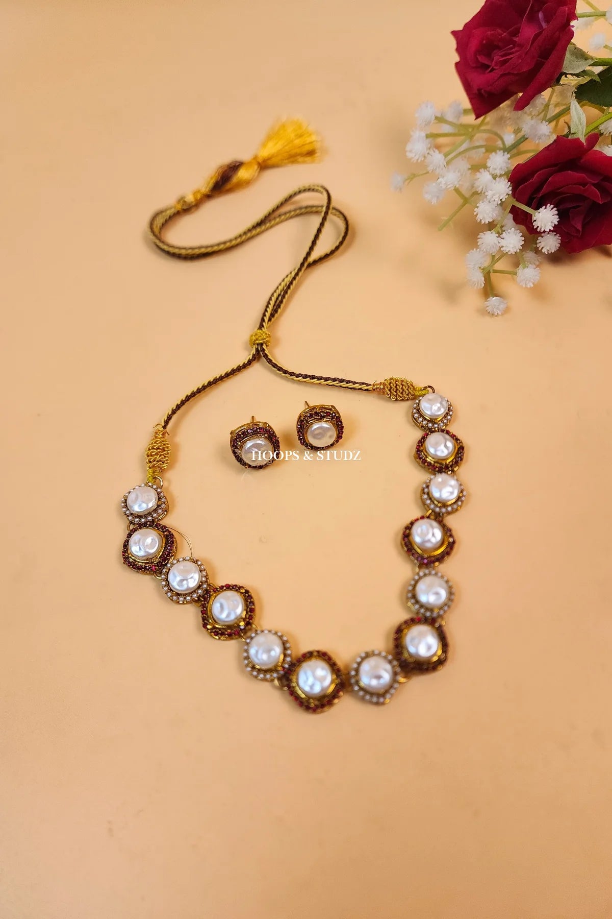 Asghari MOP Choker Jewelry Set - White & Maroon