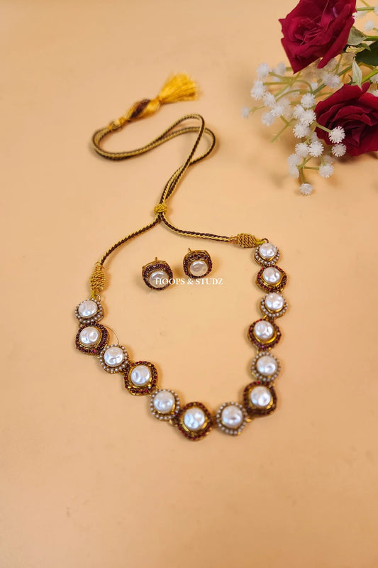 Asghari MOP Choker Jewelry Set - White & Maroon