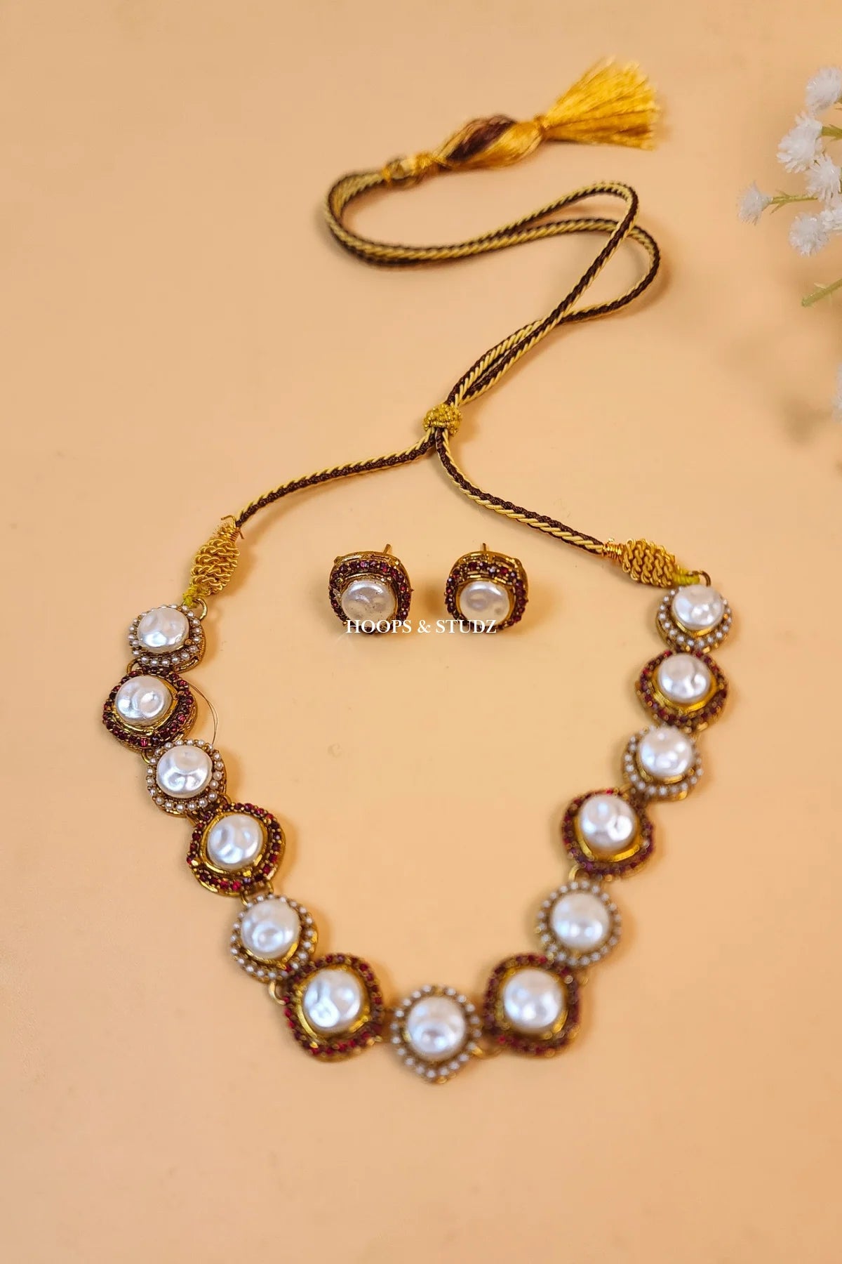 Asghari MOP Choker Jewelry Set - White & Maroon