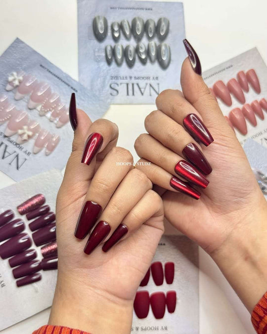 Cat Eye Long Almond Red Press on Nails - N021